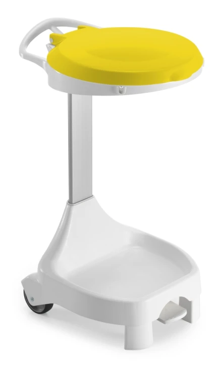 Stelaż na worek 120 l Smile, 2 kółka i 2 nóżki, z pokrywą na pedał, wkład 2 × 60 l, stelaż biały, pokrywa żółta